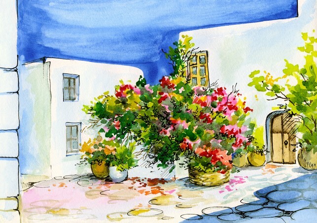 Watercolour bouquet of flowers on the patio